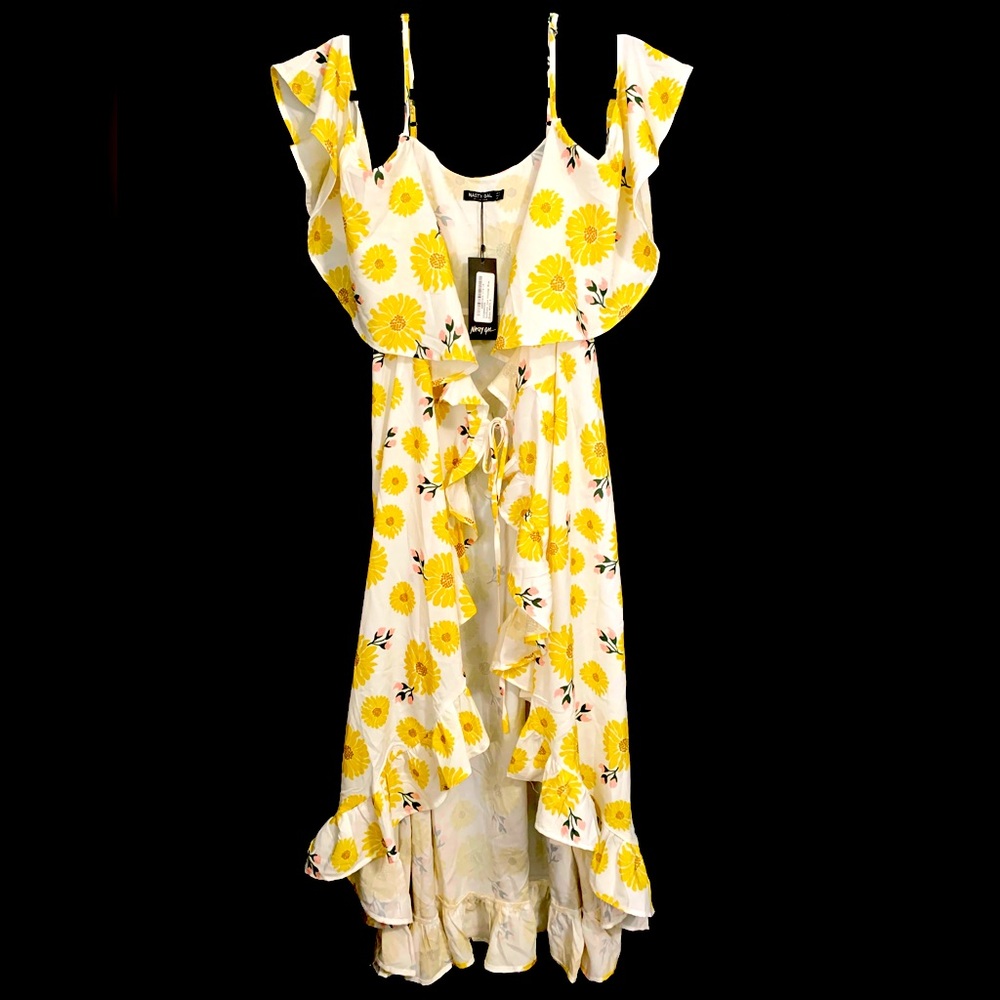 Nasty Gal Sunflower Print Cold Shoulder Wrap Dress